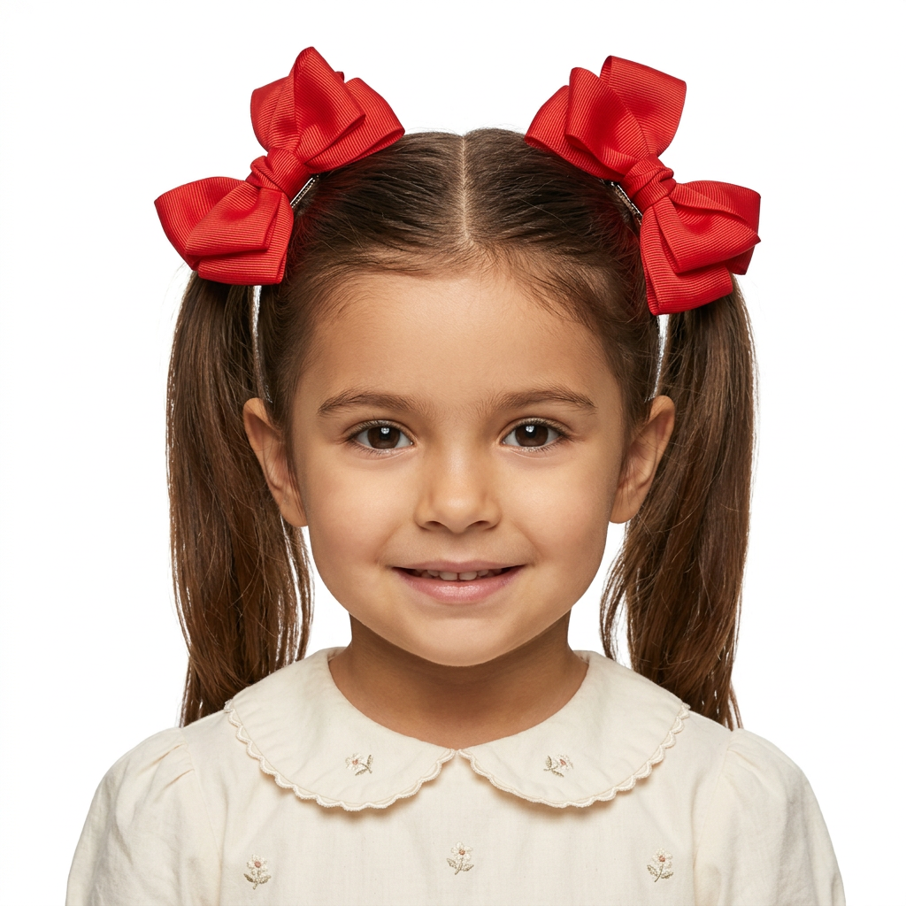 Niña de aproximadamente cuatro años con coletas altas y par de moños rojos modelo 7471