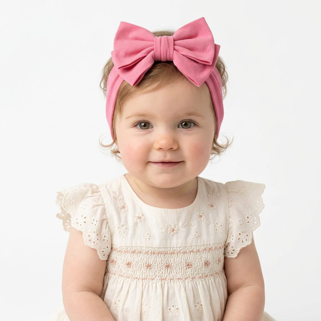 Bebé de piel clara con vestido marfil bordado usando banda de licra B3547 rosa
