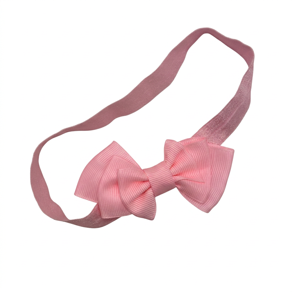 Tiara elástica R2444 con moño rosa de barrotado sobre fondo blanco