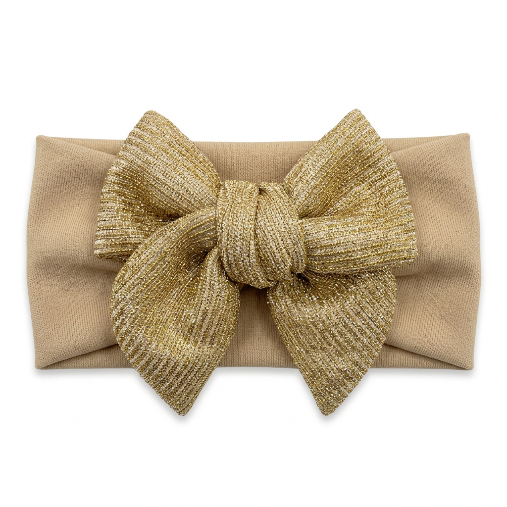 Banda B8440 beige con moño metálico oro con coletas sobre fondo blanco puro