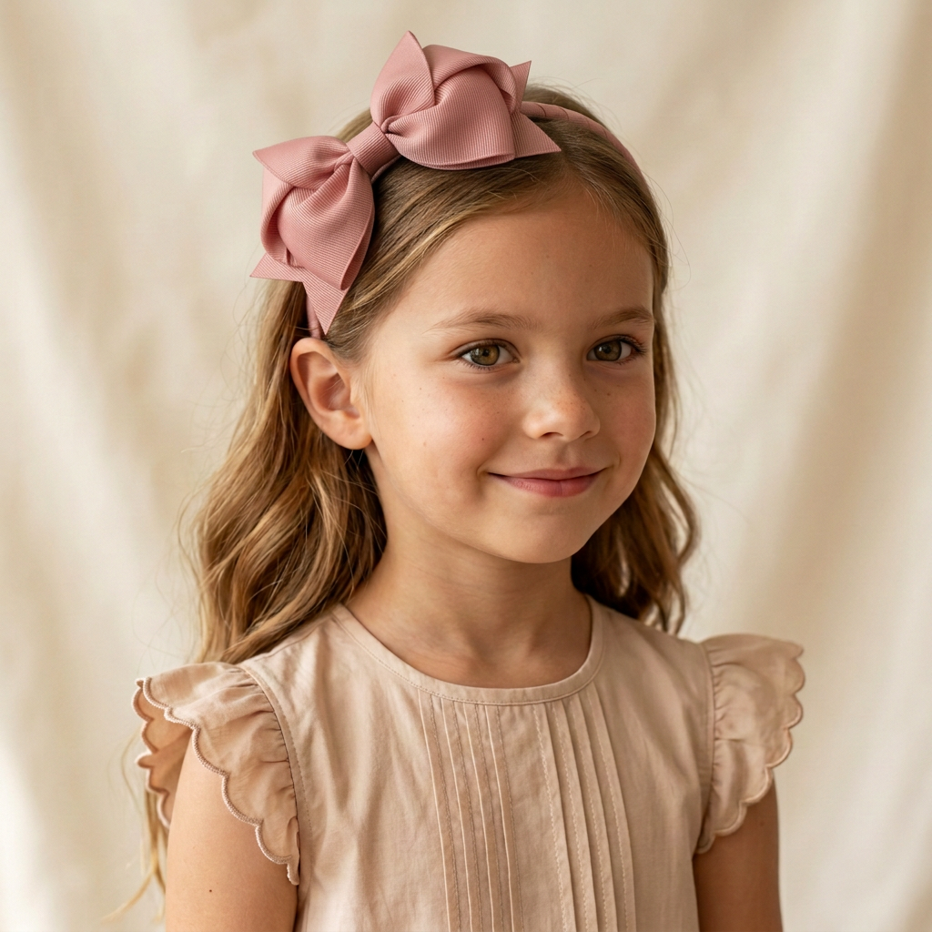 Niña usando diadema T8659 rosa viejo, base del moño corregida
