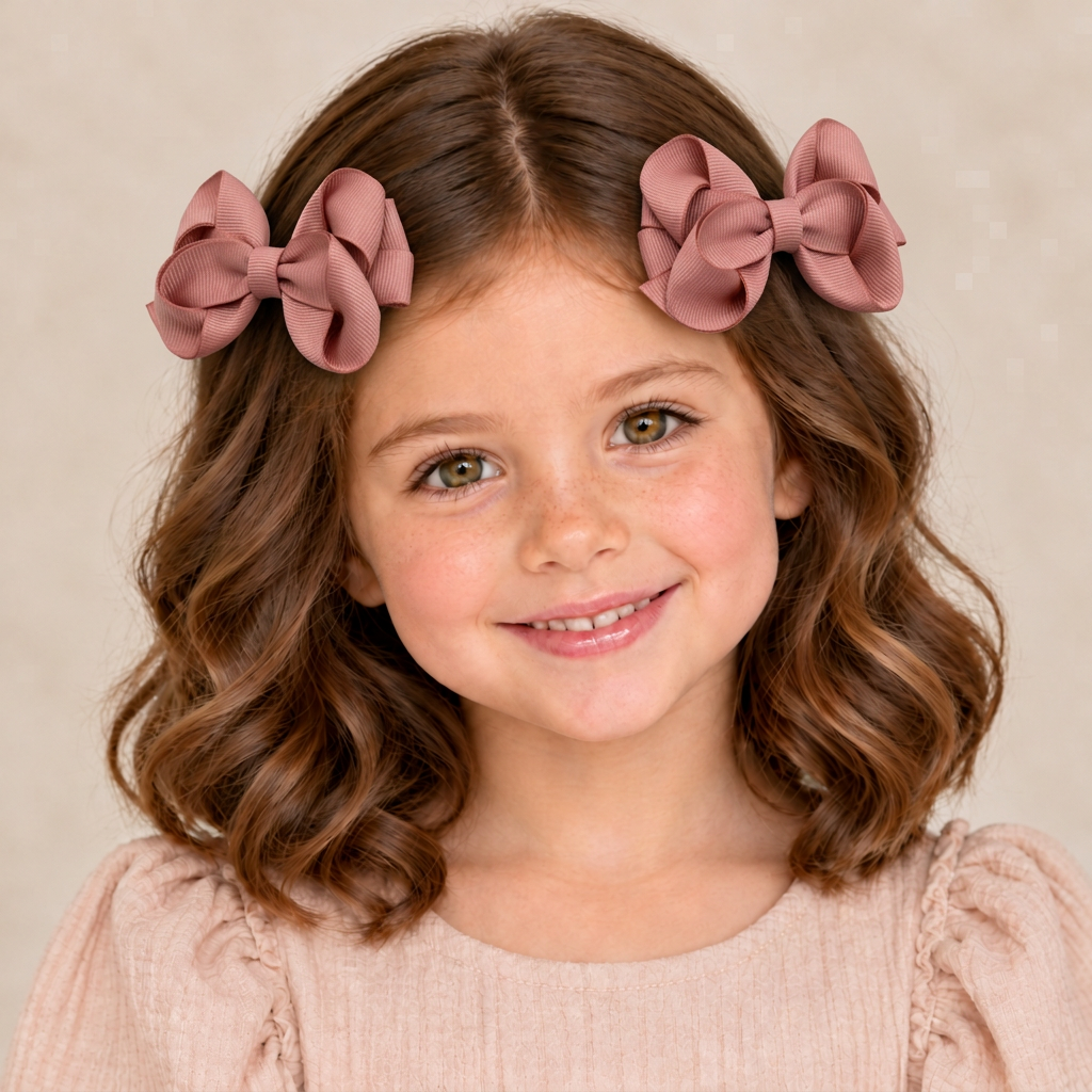 Niña usando par de moños rosa modelo 8464, versión con lazadas corregidas