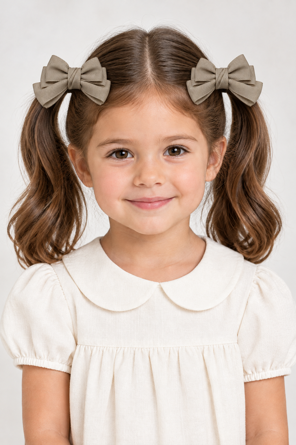Niña de cuatro años con dos moños beige modelo 8435 de capas en pinza
