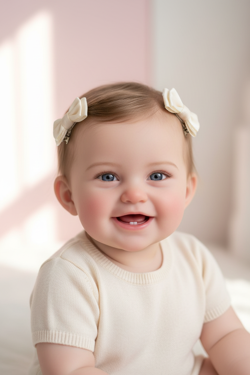 Bebé con moñitos satín crema en el cabello