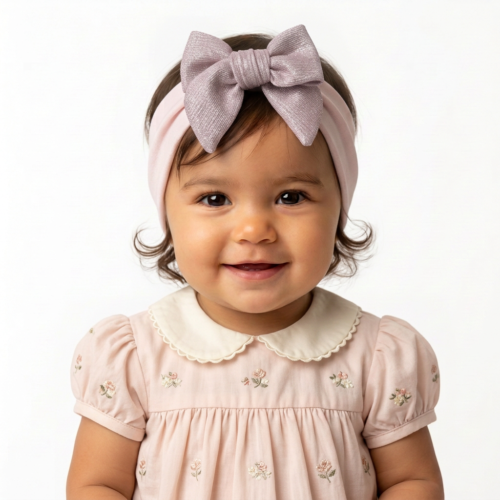 Bebé con cabello ondulado a las mejillas y vestido rosa usando banda B8440 con moño metálico