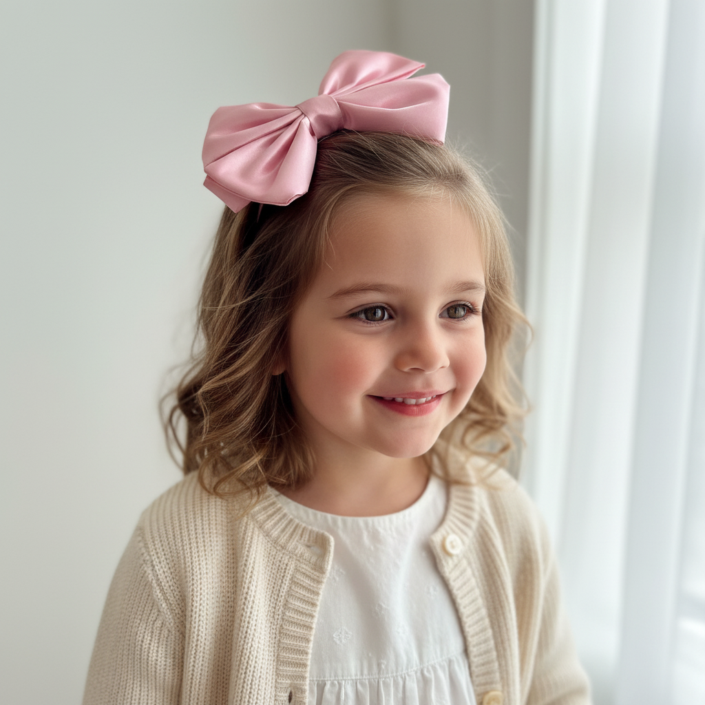 SE8515 Moño clásico Satín Espejo - niña con moño rosa pastel
