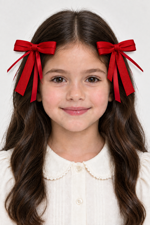 Niña de frente con dos moños rojos