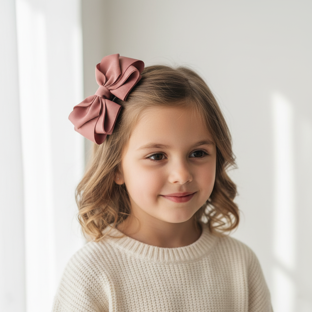 8858 Moño Grande Gajos y Olanes - niña con moño rosa viejo