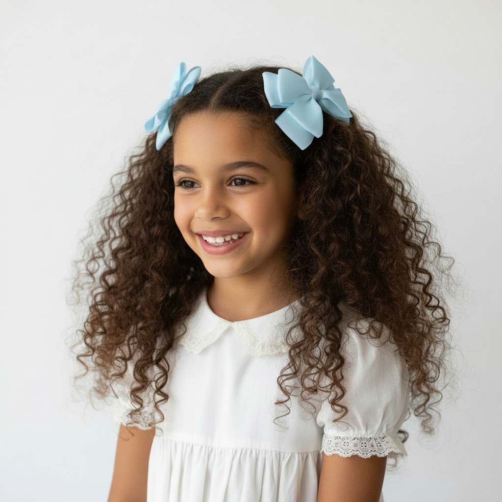Niña con moños medianos azul celeste puntas arriba