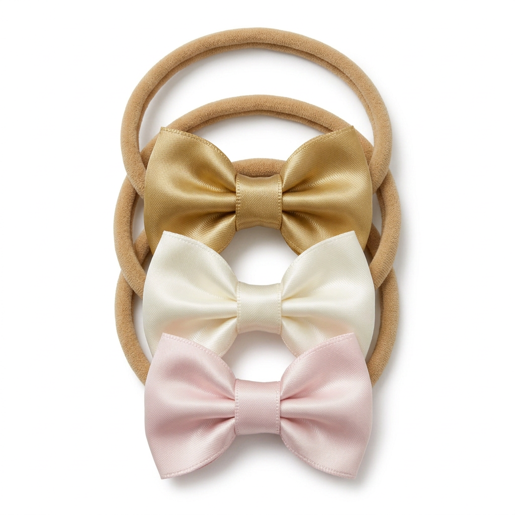 Tiaras R SA3352 juntas y superpuestas, bandas camel y moños de satín oro, marfil y rosa sobre blanco