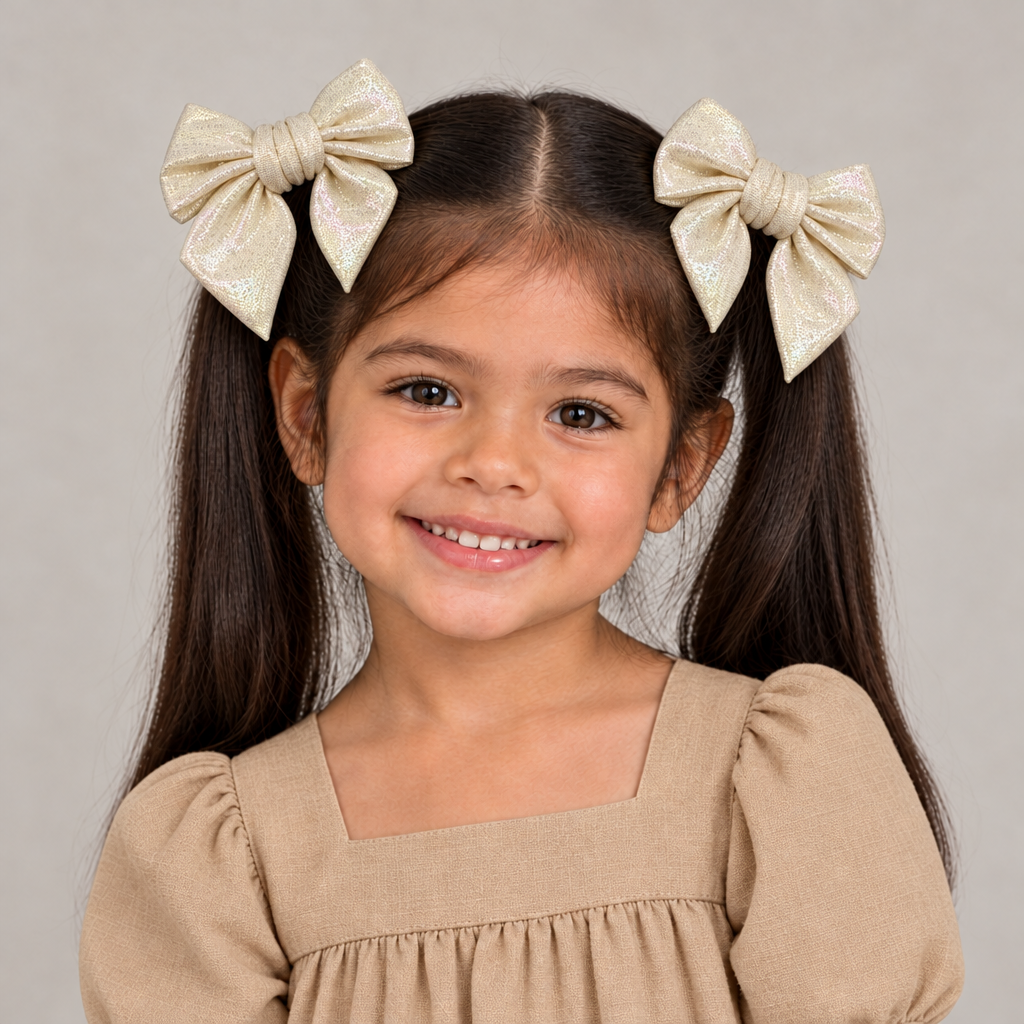 Niña con vestido camel y par de moños modelo 8440, versión corregida