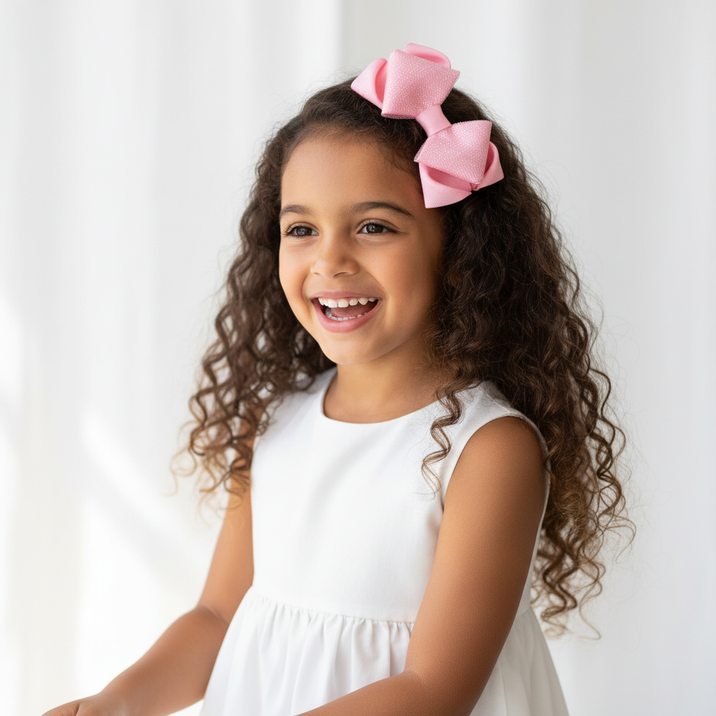 Niña con moño grande rosa brillante