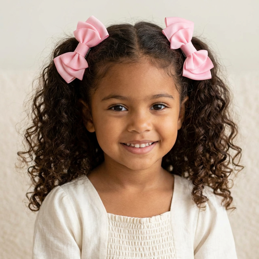 Niña ficticia de cabello rizado usando par de moños medianos 2444 rosa
