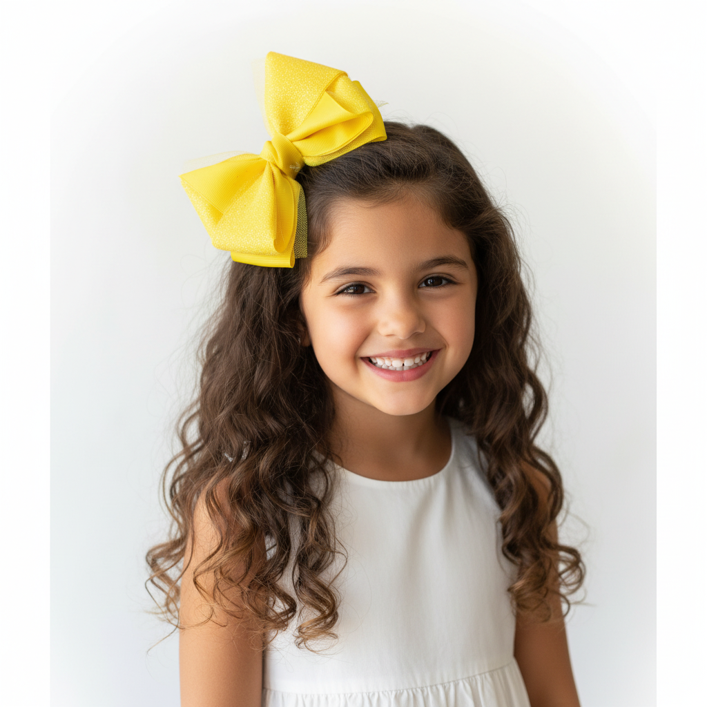 Niña con moño 3D amarillo con tul