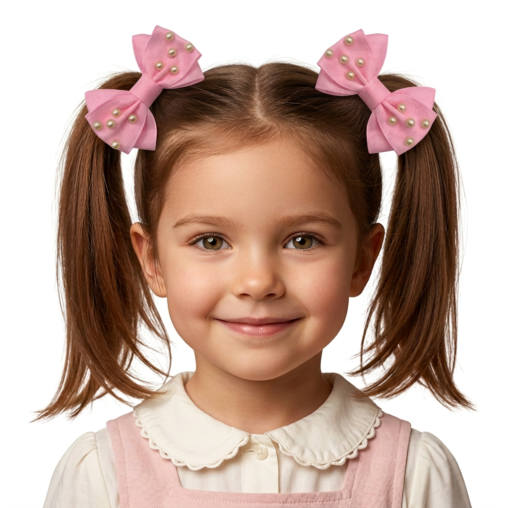 Niña de cuatro años con moños rosa con perlas modelo 3407 y pinzas ocultas