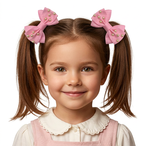 Niña de cuatro años con moños rosa con perlas modelo 3407 y pinzas ocultas