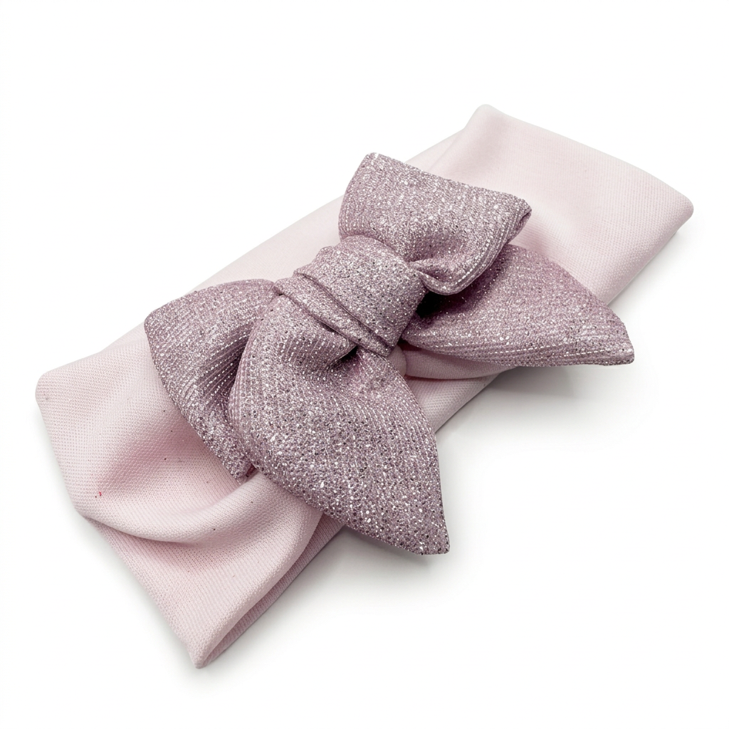 Banda rosa B8440 de licra con moño metálico con coletas sobre fondo blanco